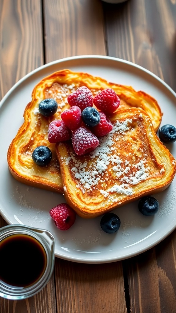 Quick Keto French Toast Recipe Keto French toast served with berries and syrup on a rustic plate.
